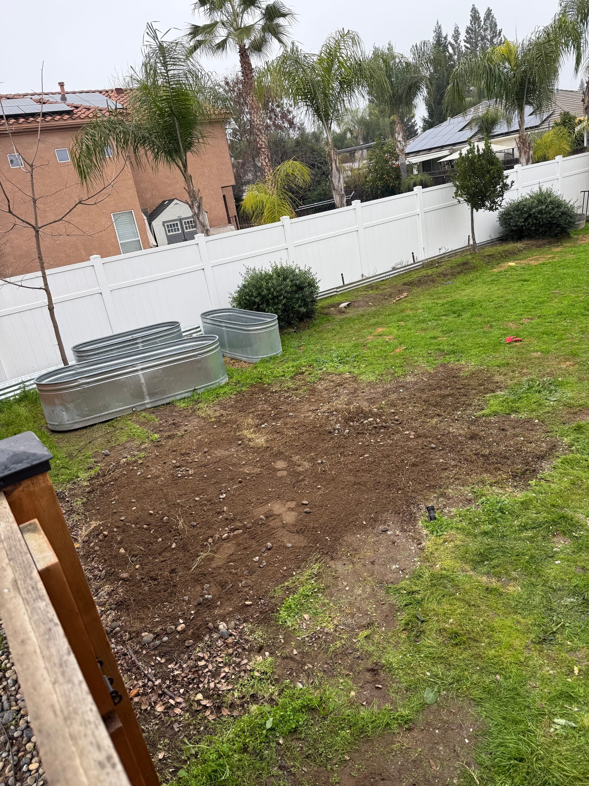 The same backyard after Papi's hauled the lumber pile — bare dirt where it sat