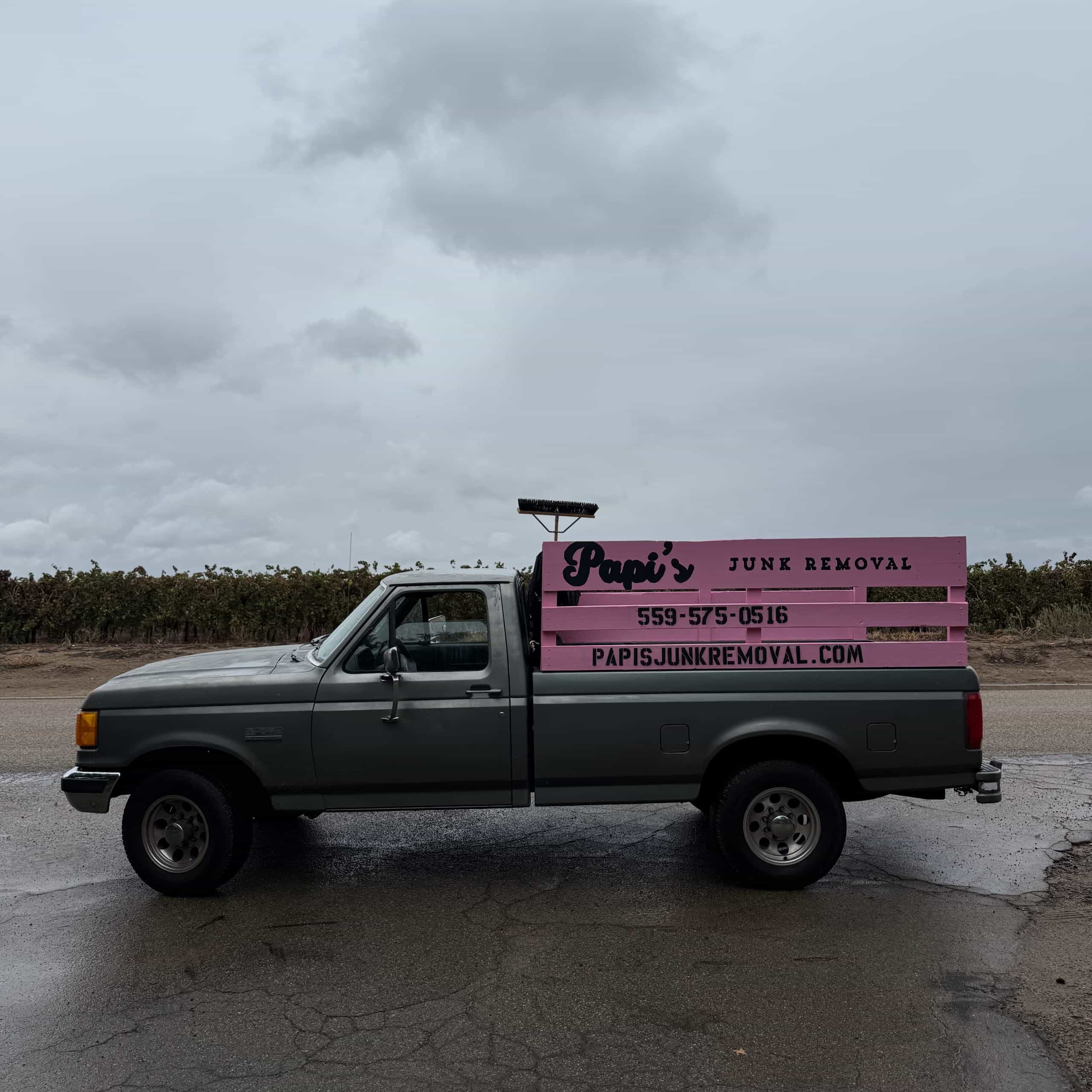 Papi's Ford pickup with the pink rack beside farmland on the drive south toward Hanford