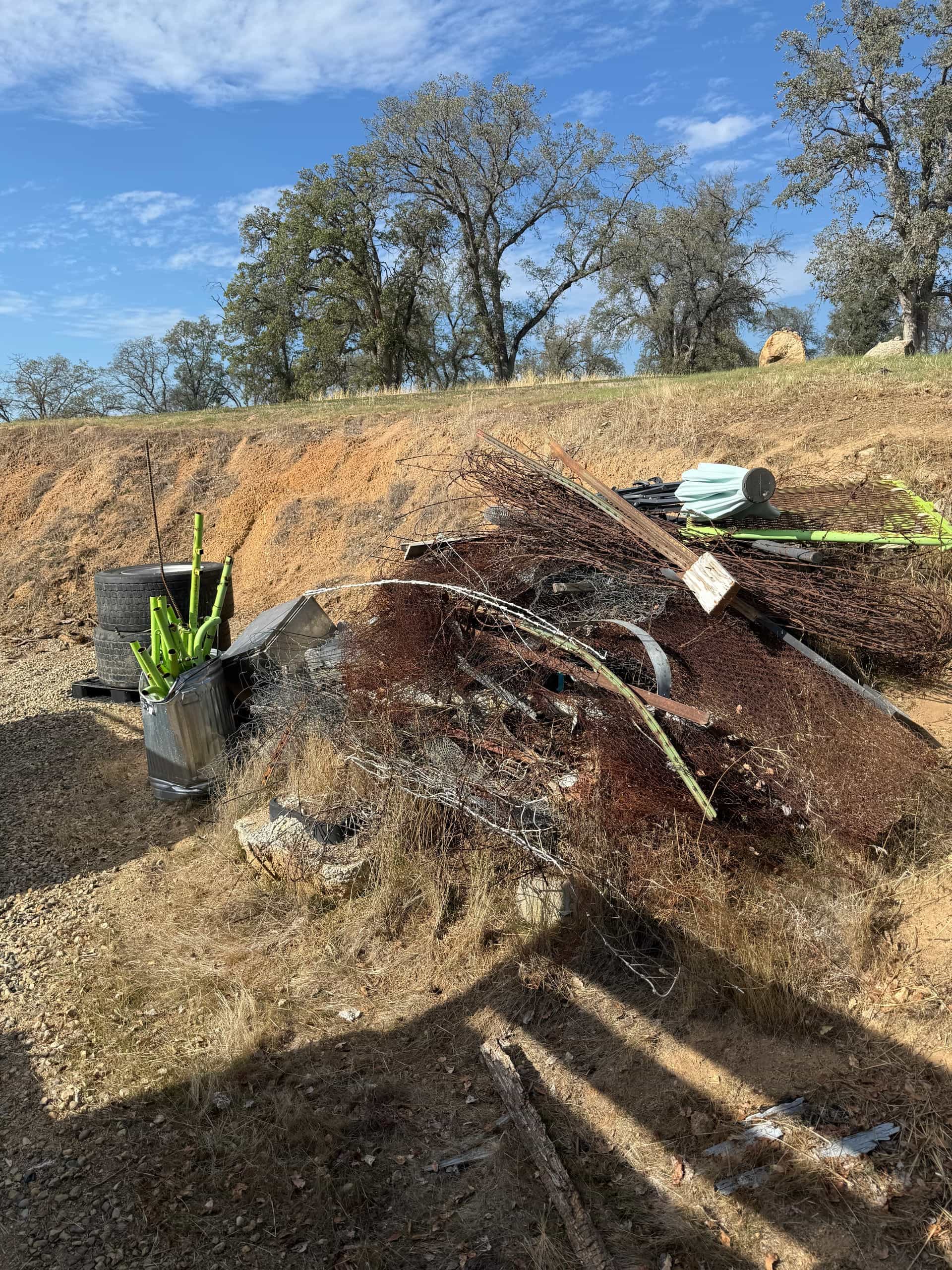 Brush, branches and yard debris pile on a dry Central Valley lot