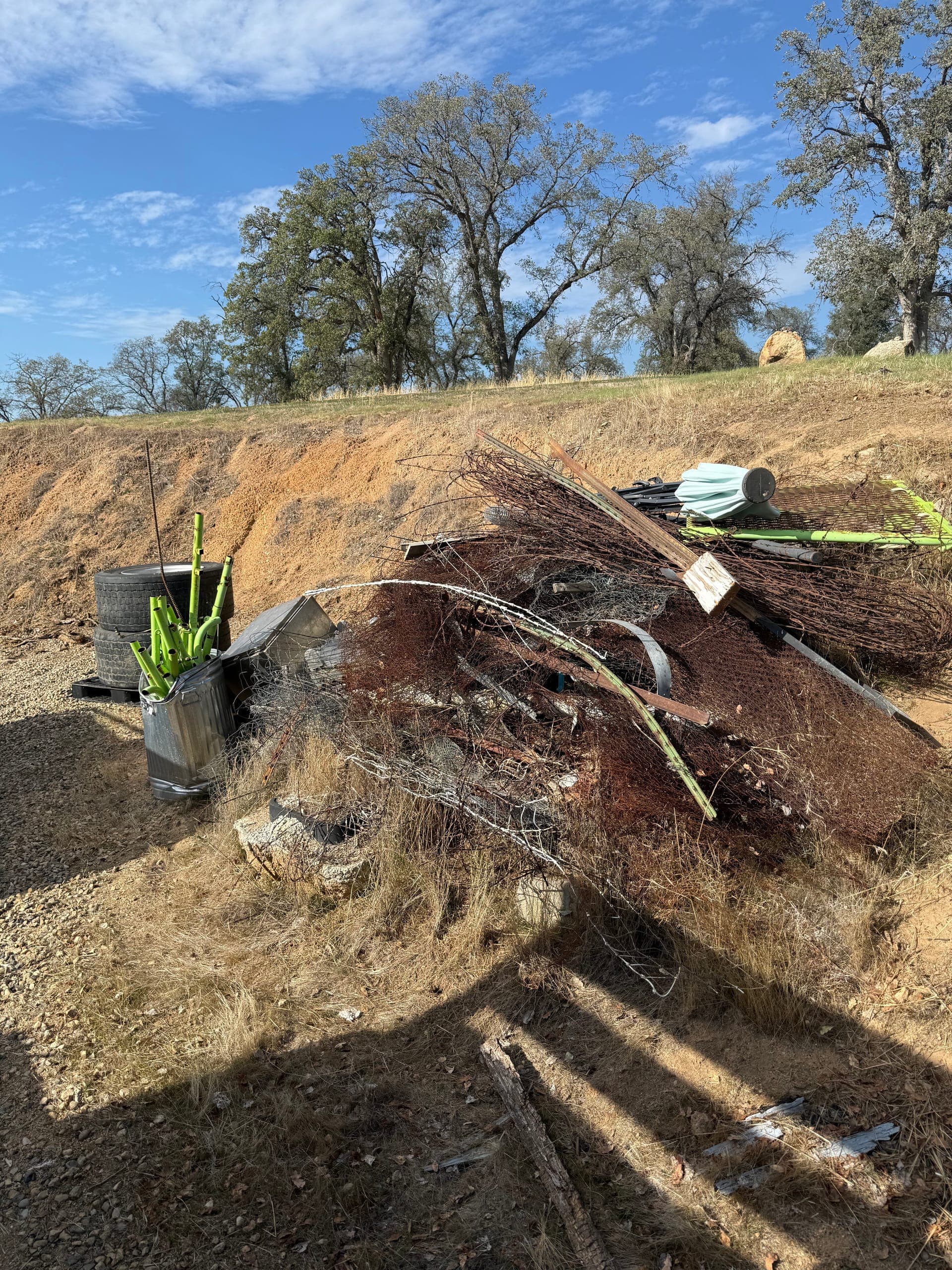 Brush, branches and yard debris pile on a dry Central Valley lot